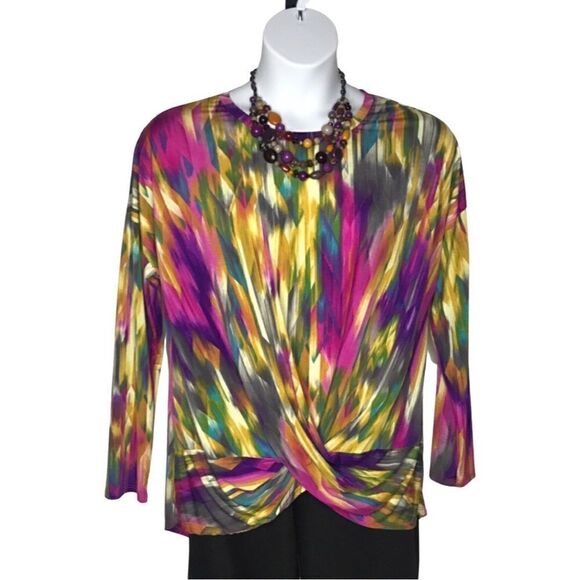 Colorful Long Sleeve Draped Twist Watercolor Top Size XL - Picture 1 of 6